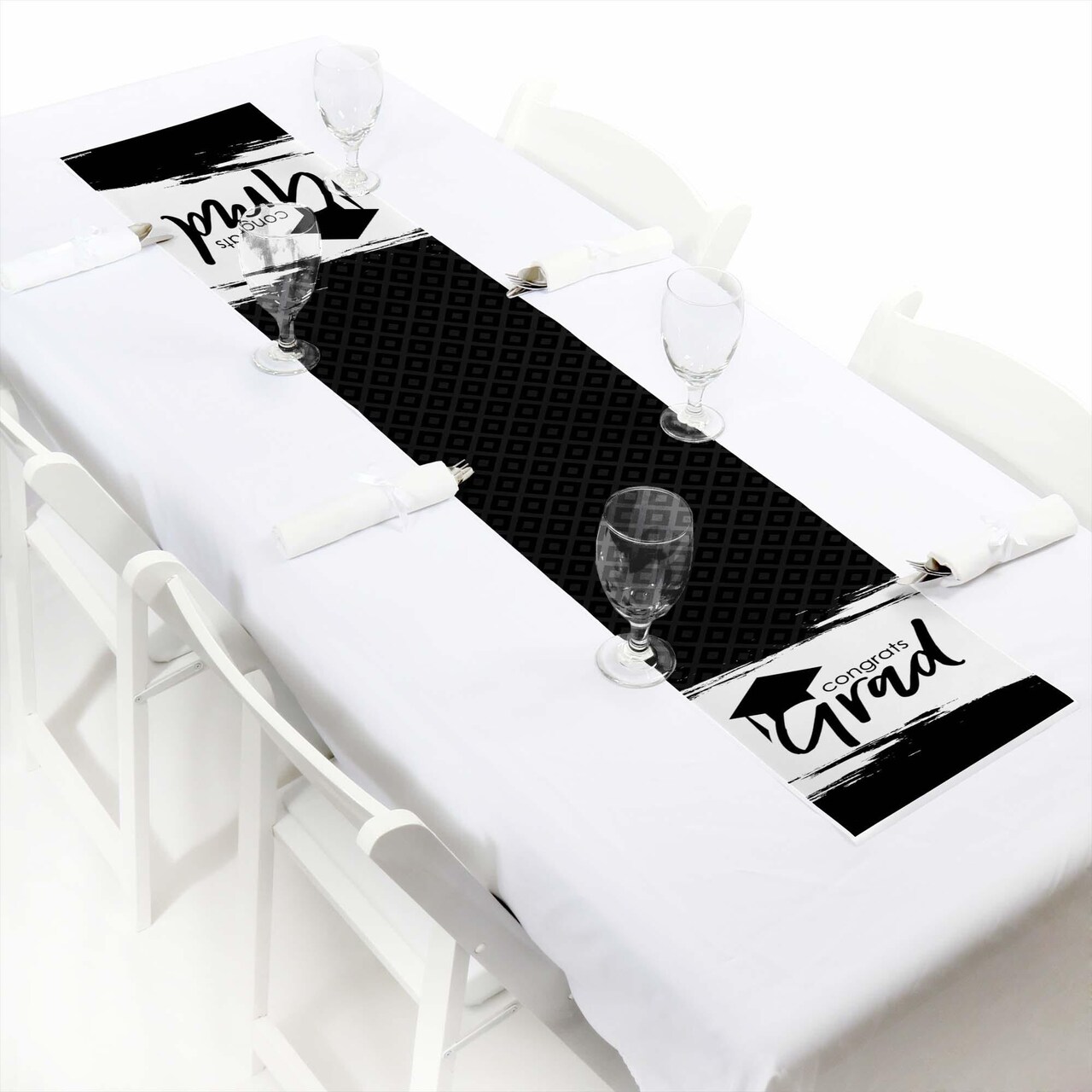 Big Dot of Happiness Black and White Grad - Best is Yet to Come - Petite Black and White Graduation Party Paper Table Runner - 12 x 60 inches